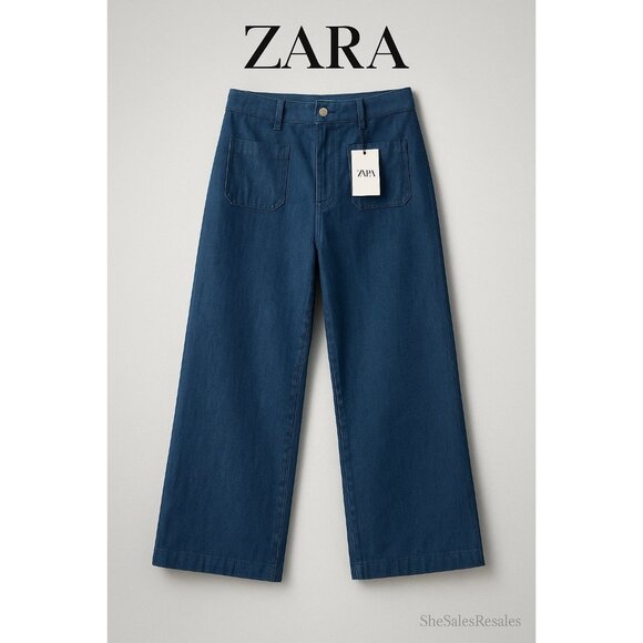 Zara The ZW Patch Pocket Wide Leg Jeans NWT Size US14 High Rise 34" Waist 31" In - Picture 1 of 9